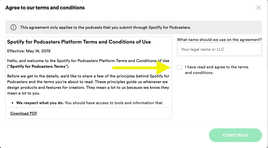 Submit a podcast to Spotify: agree to the terms and conditions